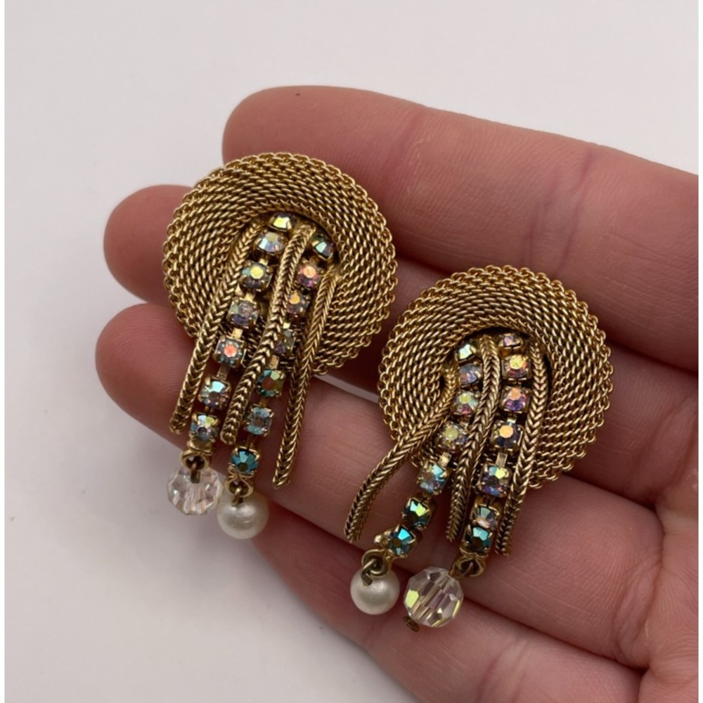 Vintage Unsigned Mesh Coil Rhinestone Dangle Clip On Earrings AB Fuax Pearl